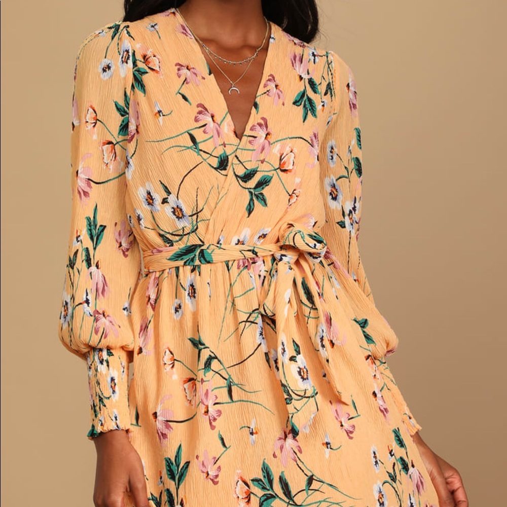 Orange Floral Print Pleated Mini Dress